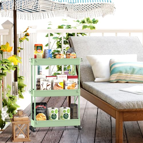 Slim Storage Cart 3 Tier Mobile Shelving Unit Rolling Utility Cart Tower Rack, Plastic & Stainless Steel C423918