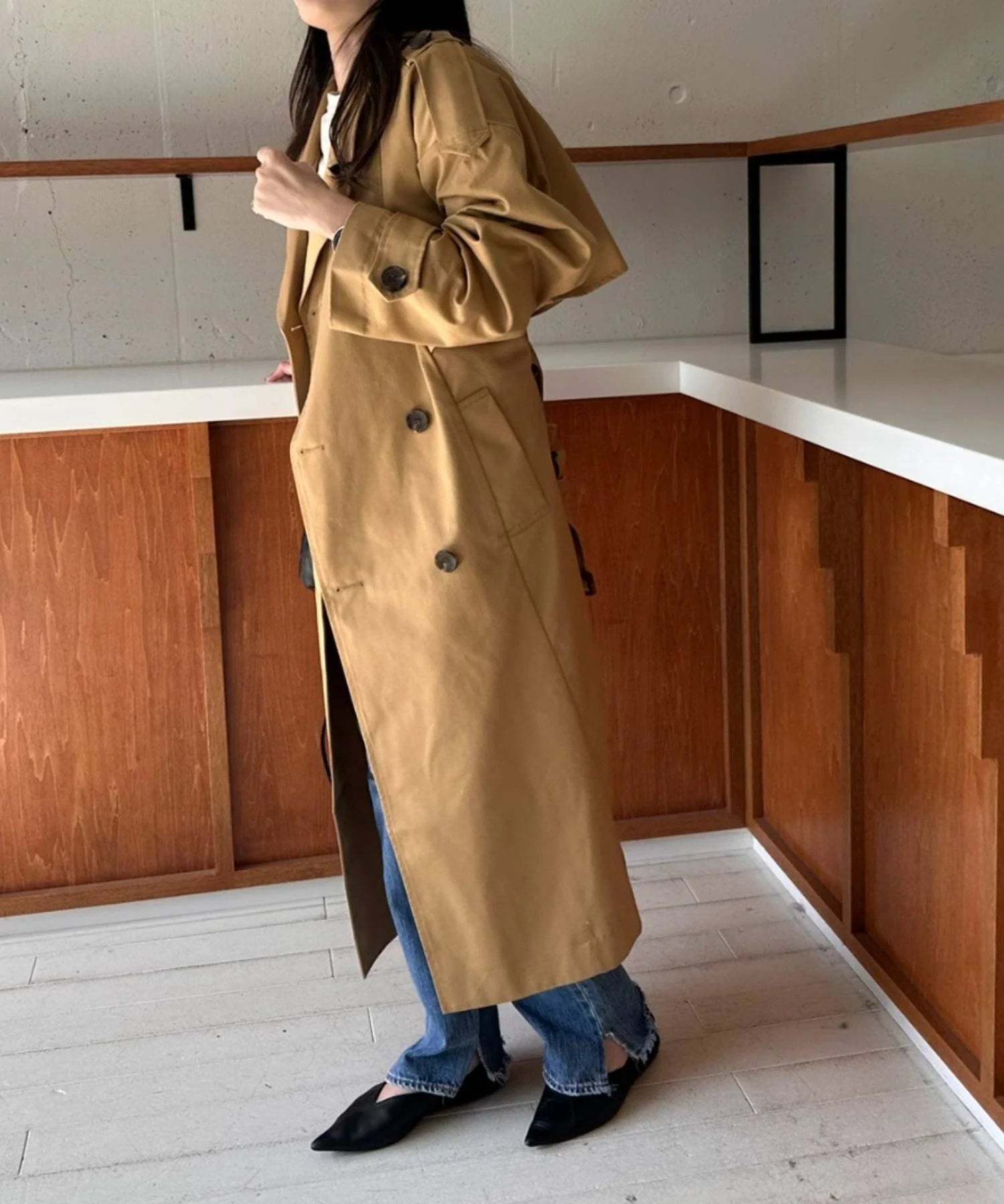 Oversized Double-Breasted Long Trench Coat X143