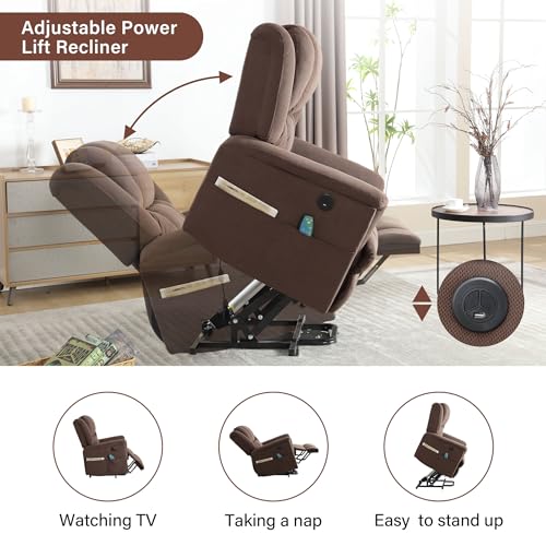 Power Lift Chair with Heat and Massage, Electric Wooden Frame Recliner Chair with Side Pocket, USB Charge Port N2575