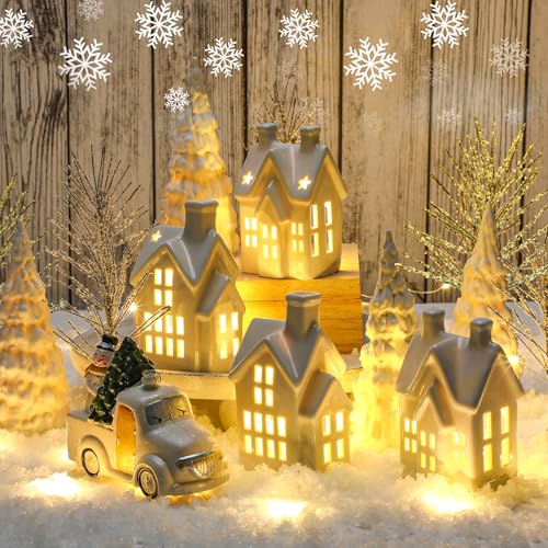 17 Piece Christmas Village Set with 4 LED White Ceramic Houses, 4 Ceramic Trees, Plastic Truck, 7 Branch Trees F67905