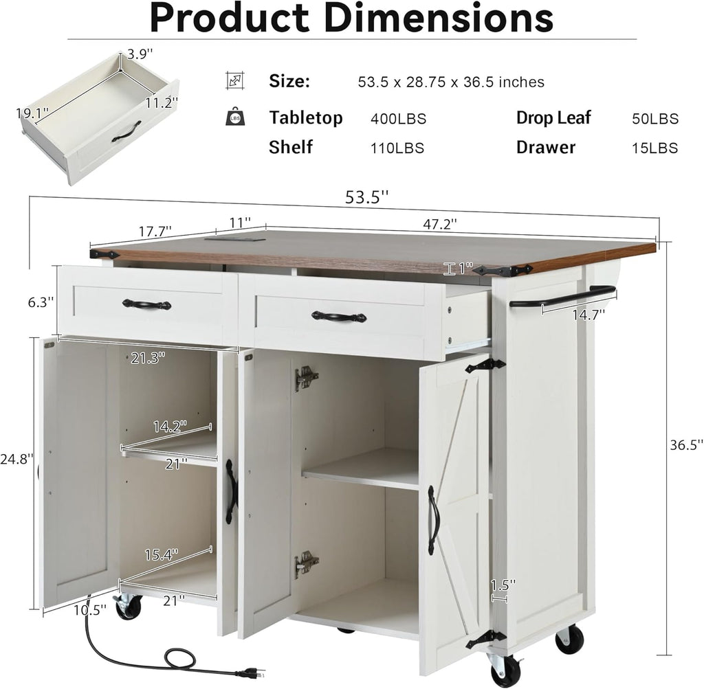 White Kitchen Island with Power Outlet and Drop Leaf Q981383
