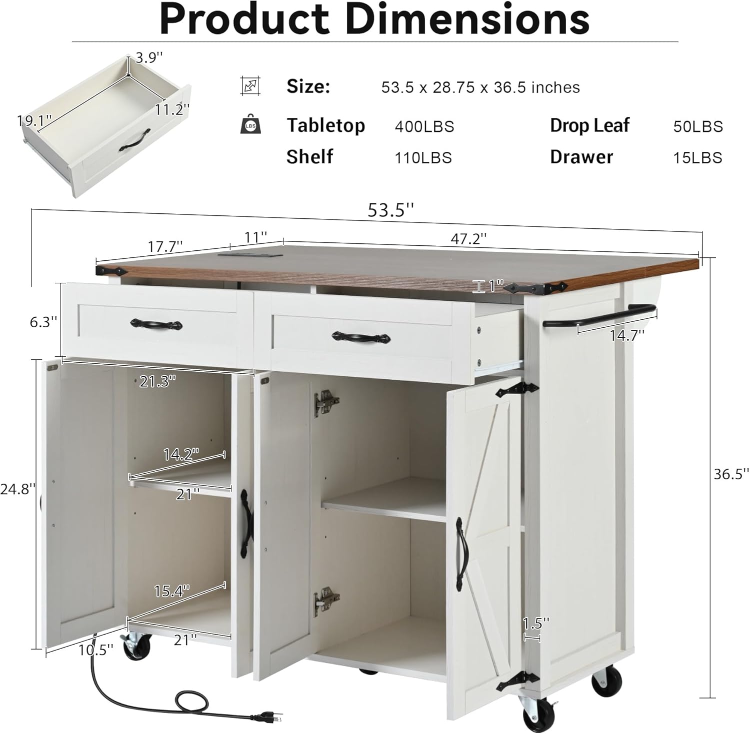 White Kitchen Island with Power Outlet and Drop Leaf Q981383