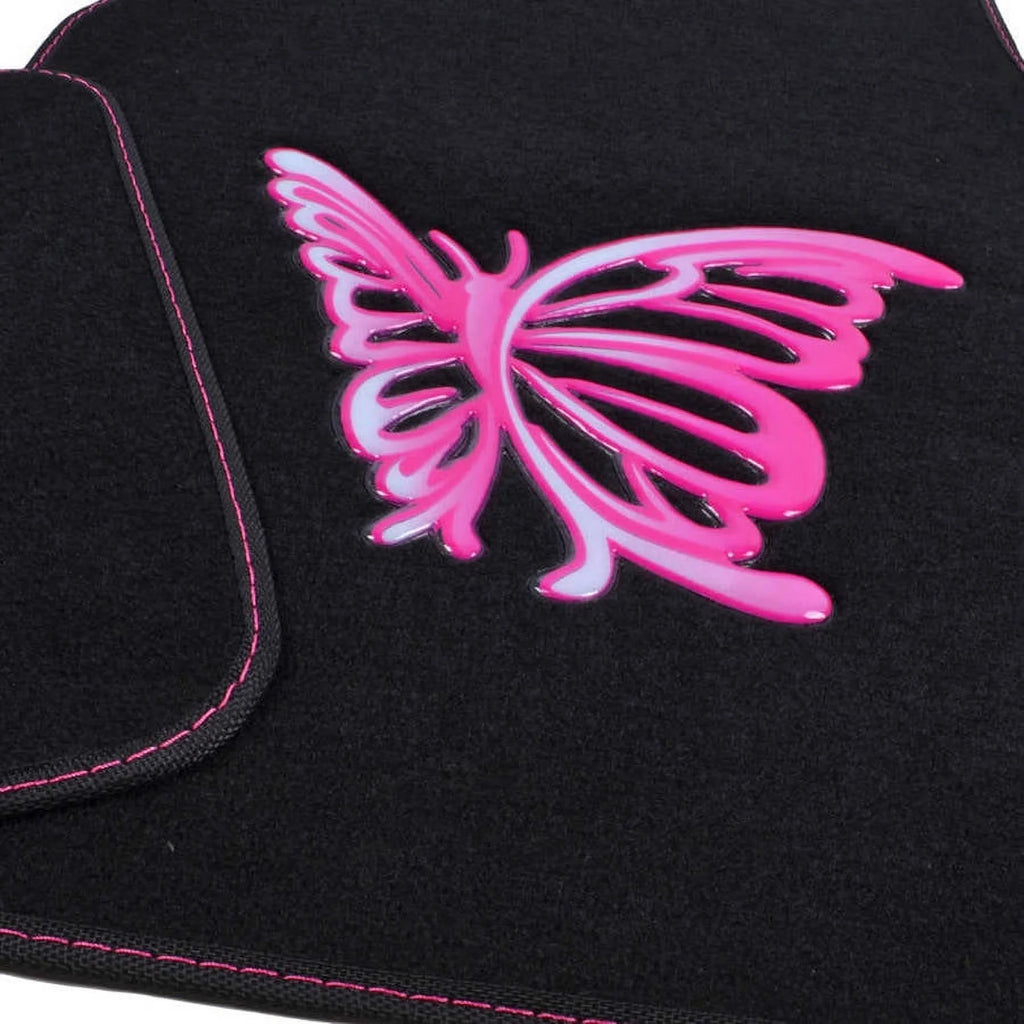 Pink Butterfly Design Carpet Car Floor Mats Full Set with Rubber Backing W424