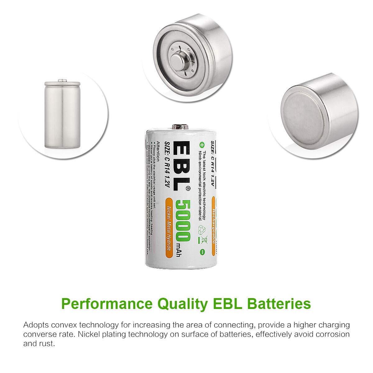 Pack of 4 Rechargeable C Batteries 5000mAh Ni-MH L9989