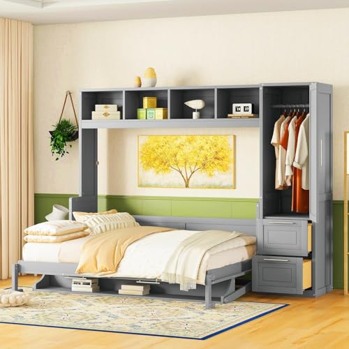 Queen Size Murphy Bed Wall Bed with Closet and Drawers Q8254