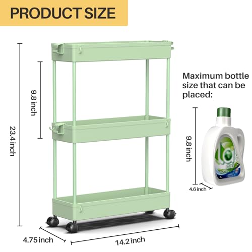 Slim Storage Cart 3 Tier Mobile Shelving Unit Rolling Utility Cart Tower Rack, Plastic & Stainless Steel C423918