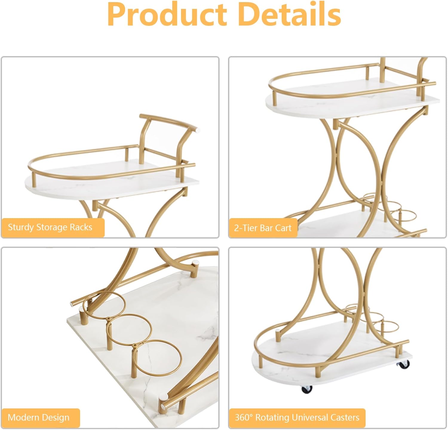 Gold 2-Tier Bar Cart with Wine Rack and Glass Holder Y521738