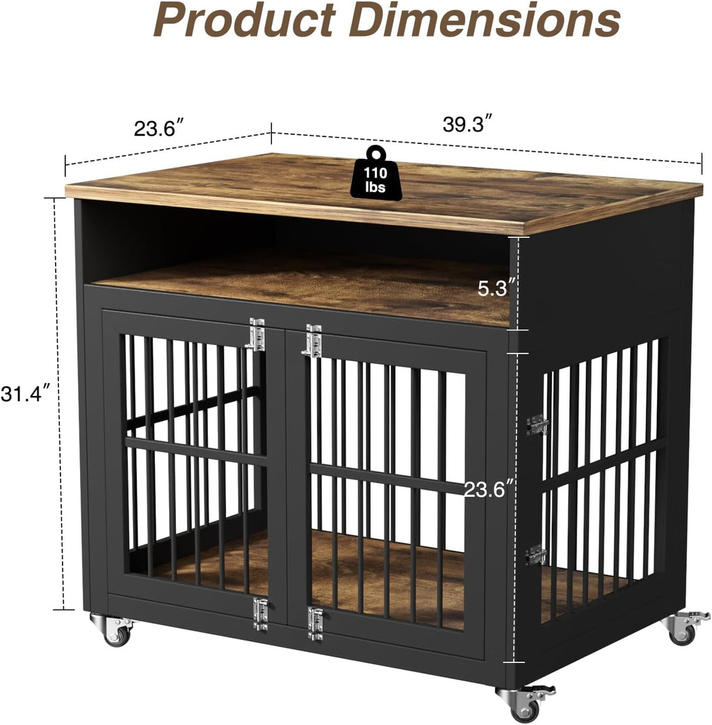 Brown Wooden Dog Crate with Wheels H910