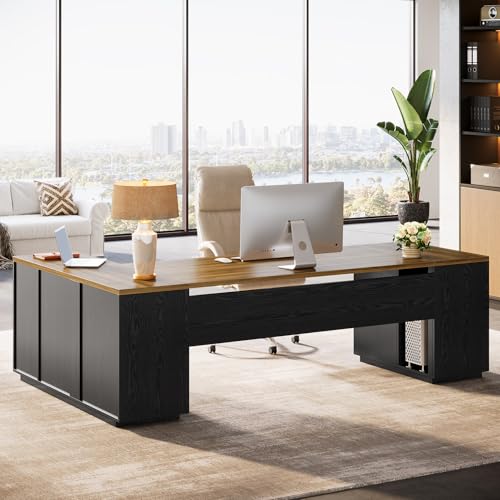 85.8-Inch L-Shaped Executive Desk with File Drawers, Door Cabinet & Shelves, White & Brown Y890