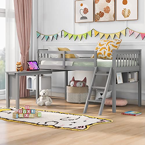 White Full Size Low Loft Bed with Desk and Chair P95809
