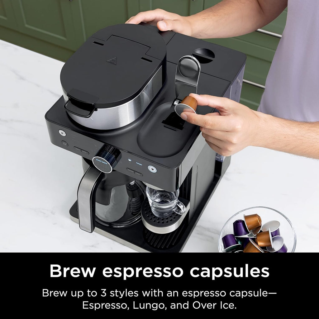 Black and Stainless Steel Espresso & Coffee System, 12-Cup Carafe, Built-in Frother D322402