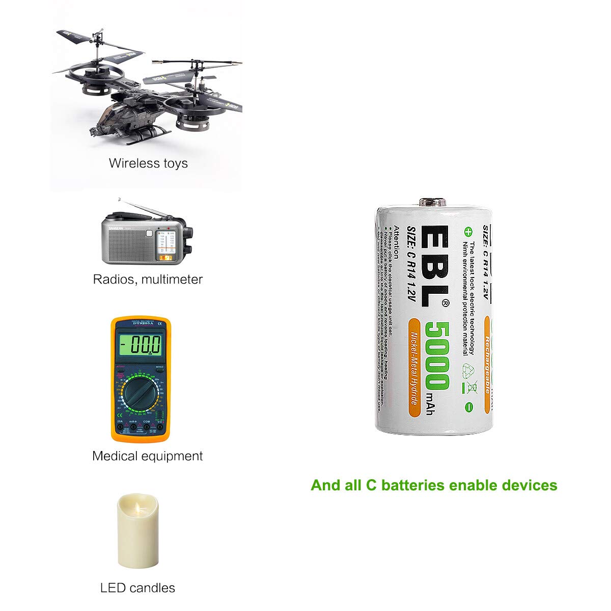 Pack of 4 Rechargeable C Batteries 5000mAh Ni-MH L9989