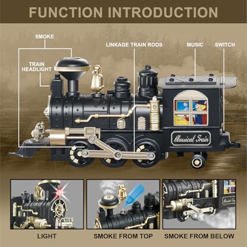 Remote Control Steam Locomotive Toy Train with Smoke, Lights, Sound & Tracks J3276
