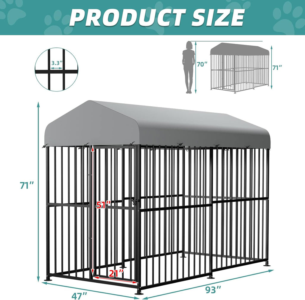 Large Outdoor Metal Dog Kennel with Top Cover, 4'L x 8'W x 6'H H658570