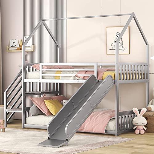 Twin Over Twin Metal Bunk Bed with Slide and Storage Staircase L768