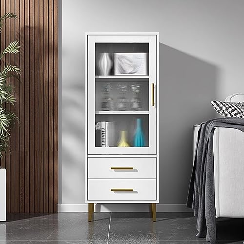 White Tall Corner Cabinet with Glass Doors and 2 Drawer R753443