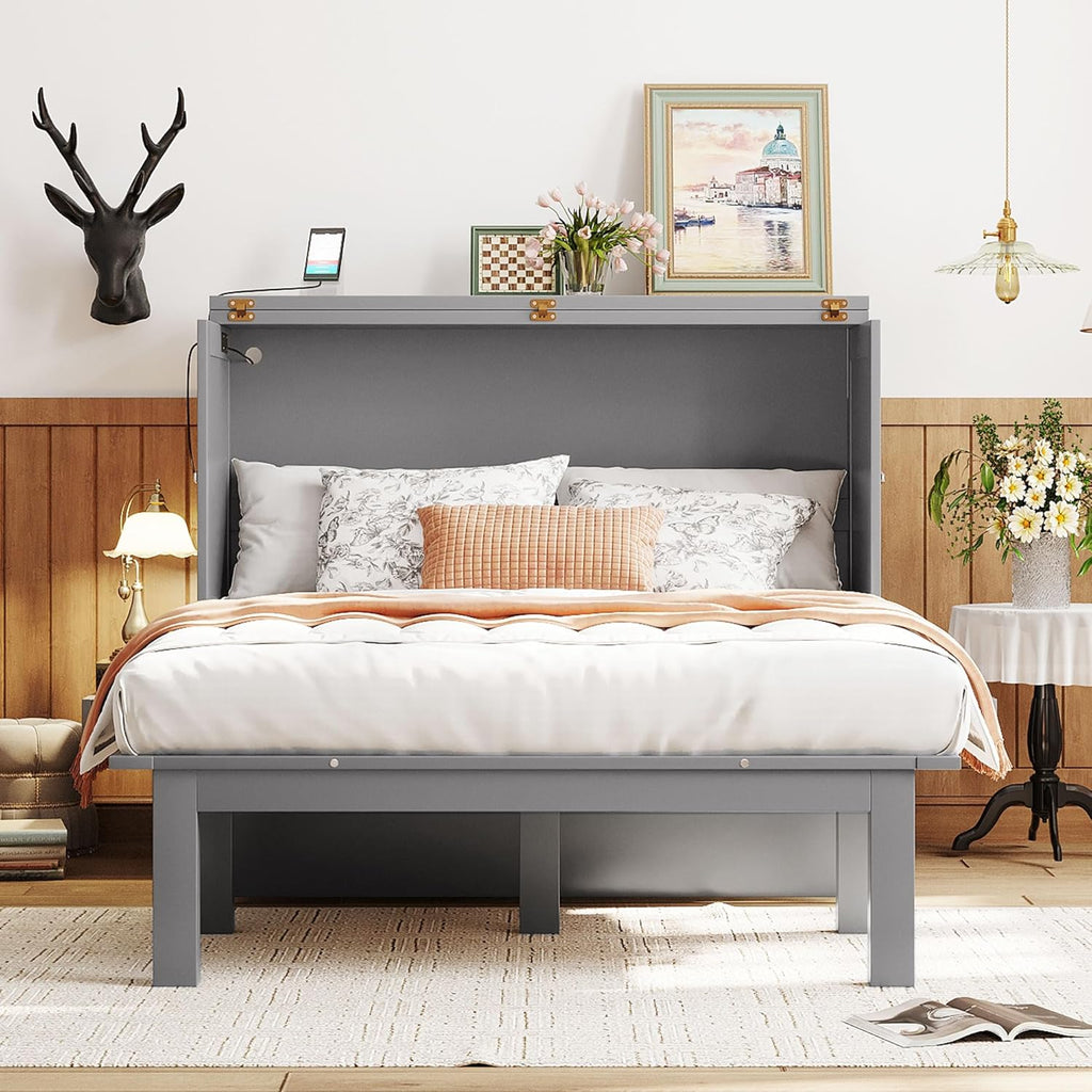 Gray Full Size Murphy Wall Bed with Cabinet J8399