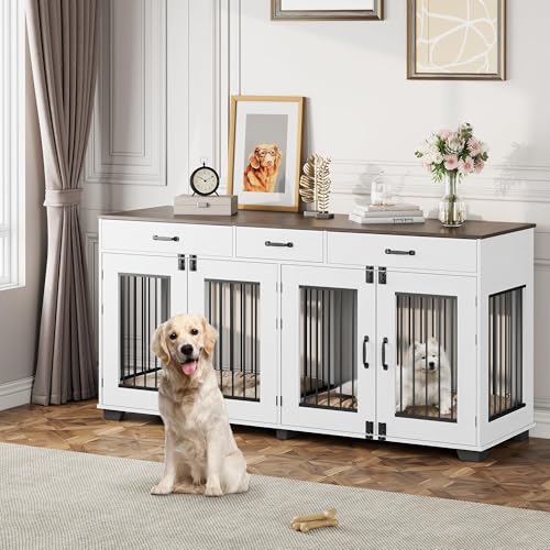 White Wooden Double Dog Crate with 3 Drawers T601938