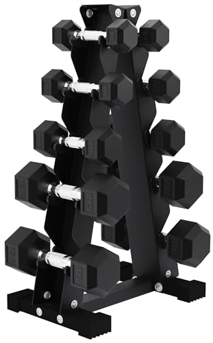 Rubber Coated Hex Dumbbell Set with Storage Rack B843