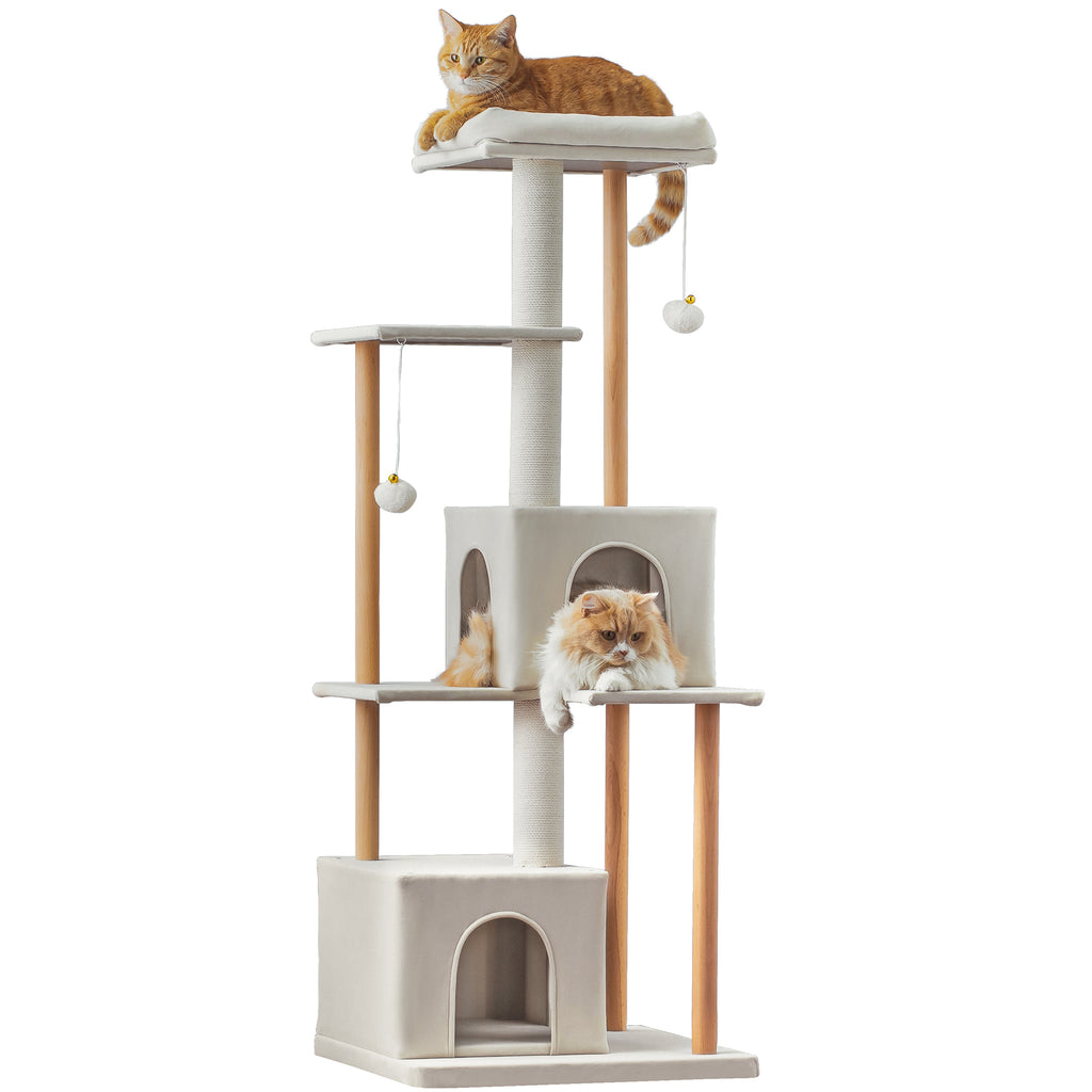 Beige Multi-Level Wood Cat Tree with 2 Condos and Perch G3995