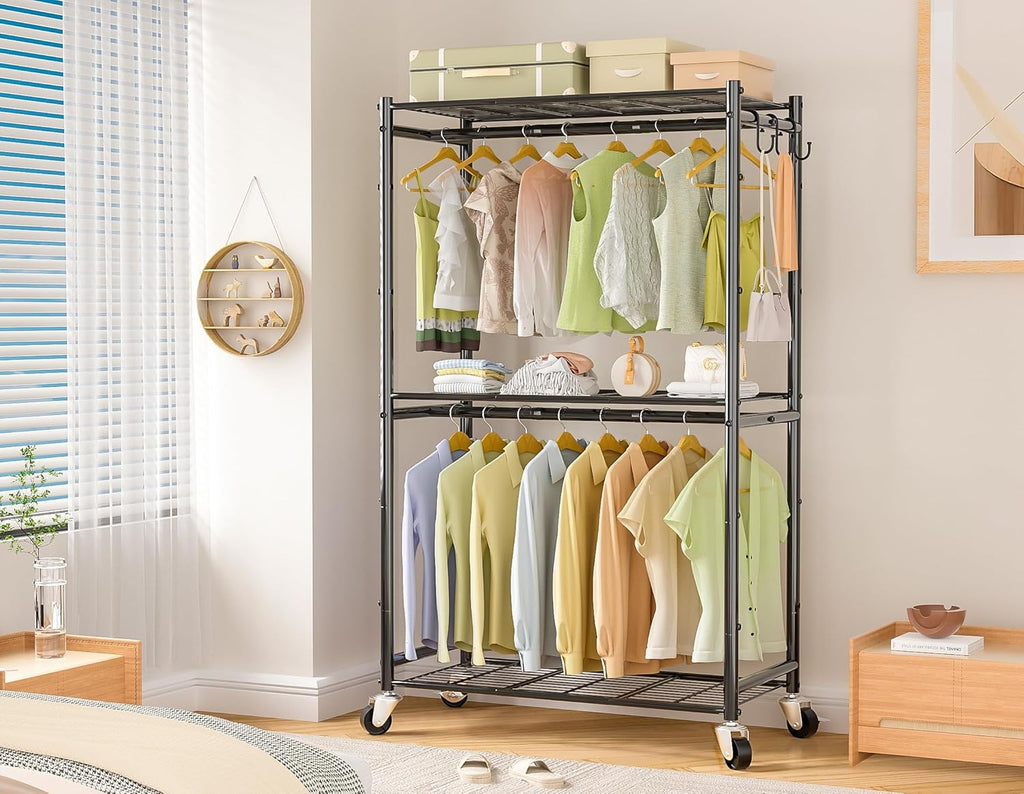 Heavy Duty Metal Rolling Clothes Rack with Double Rods & 3 Wire Shelves X99438