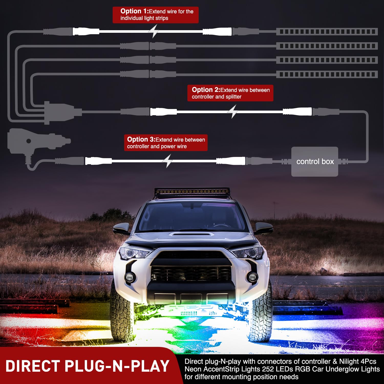 2 Pack 5FT 4 Pin Extension Cable Cord for Car Underglow Neon Accent Strip Lights 252 LEDs RGB 8 Color Wire Harness U636410