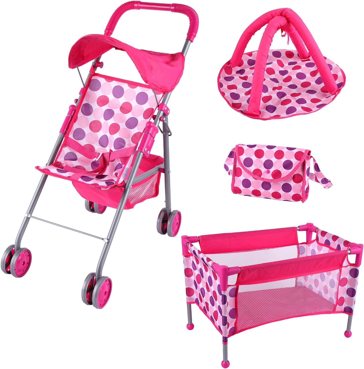 5 Pcs Reborn Baby Doll Accessories Play Set with Baby Doll Stroller, Baby Doll Crib, Play Mat, Diaper Bag, Activity Mat P2409