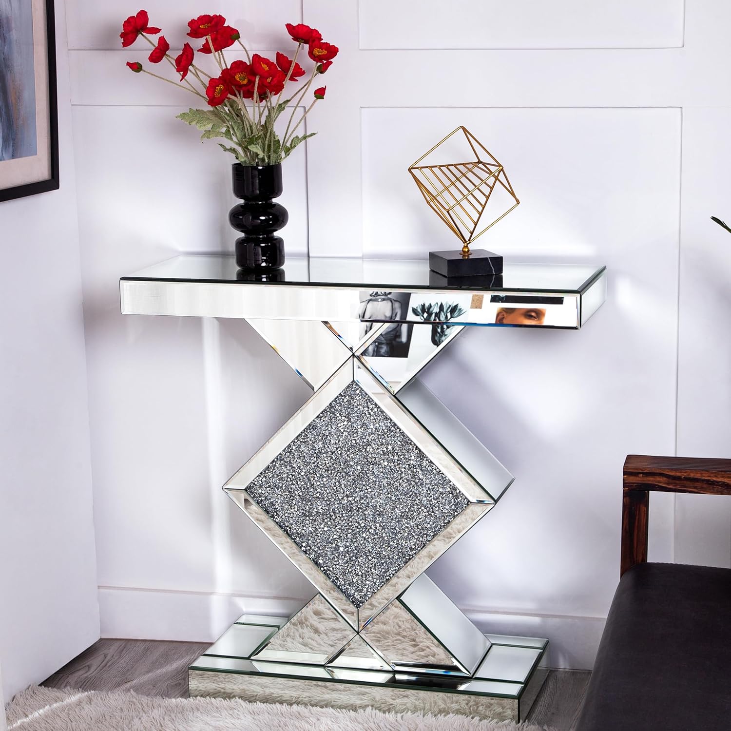 Mirrored Console Table, Silver, 31.5'' Long Accent Narrow Table O5463