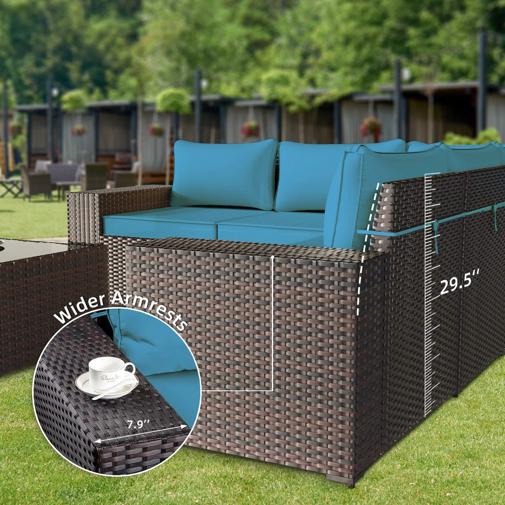 6 Pieces Patio Outdoor Wicker Sectional Sofa with Blue Cushions and Black-Glass Table L11497
