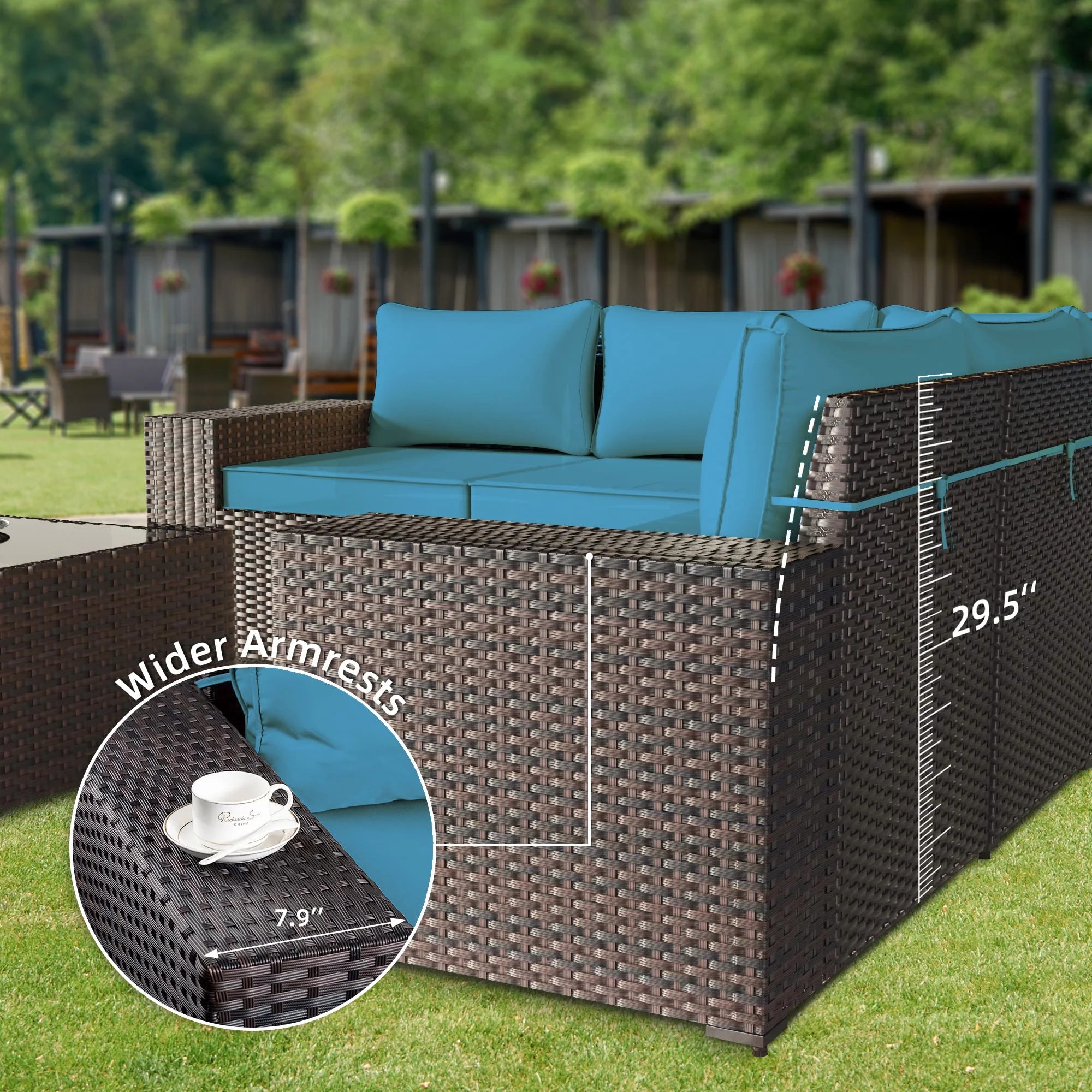 6 Pieces Patio Outdoor Wicker Sectional Sofa with Blue Cushions and Black-Glass Table L11497