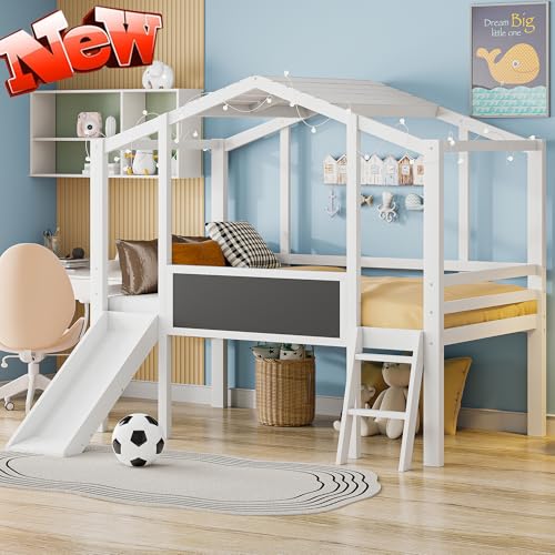 White Twin Low Loft Bed with Slide and Storage Shelves A880