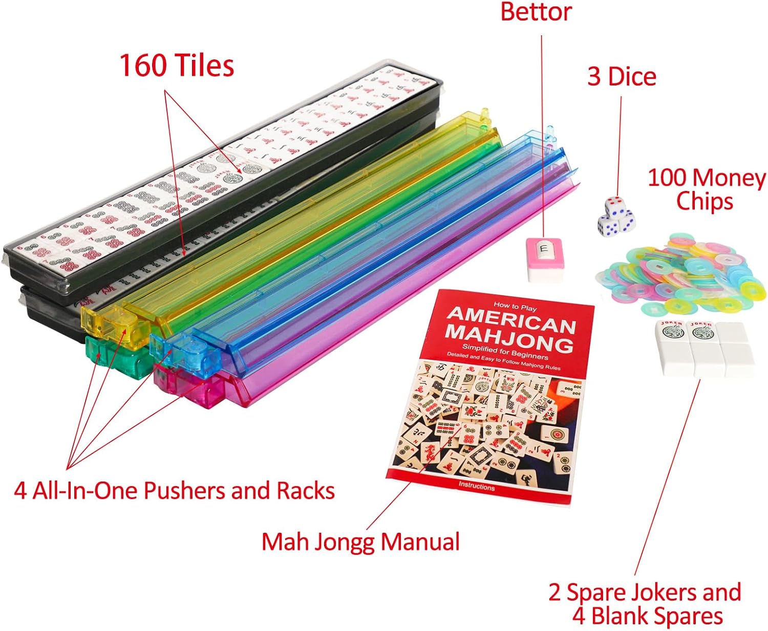 166 White Tiles Mahjong Set with Green Bag and Rack Pushers W276