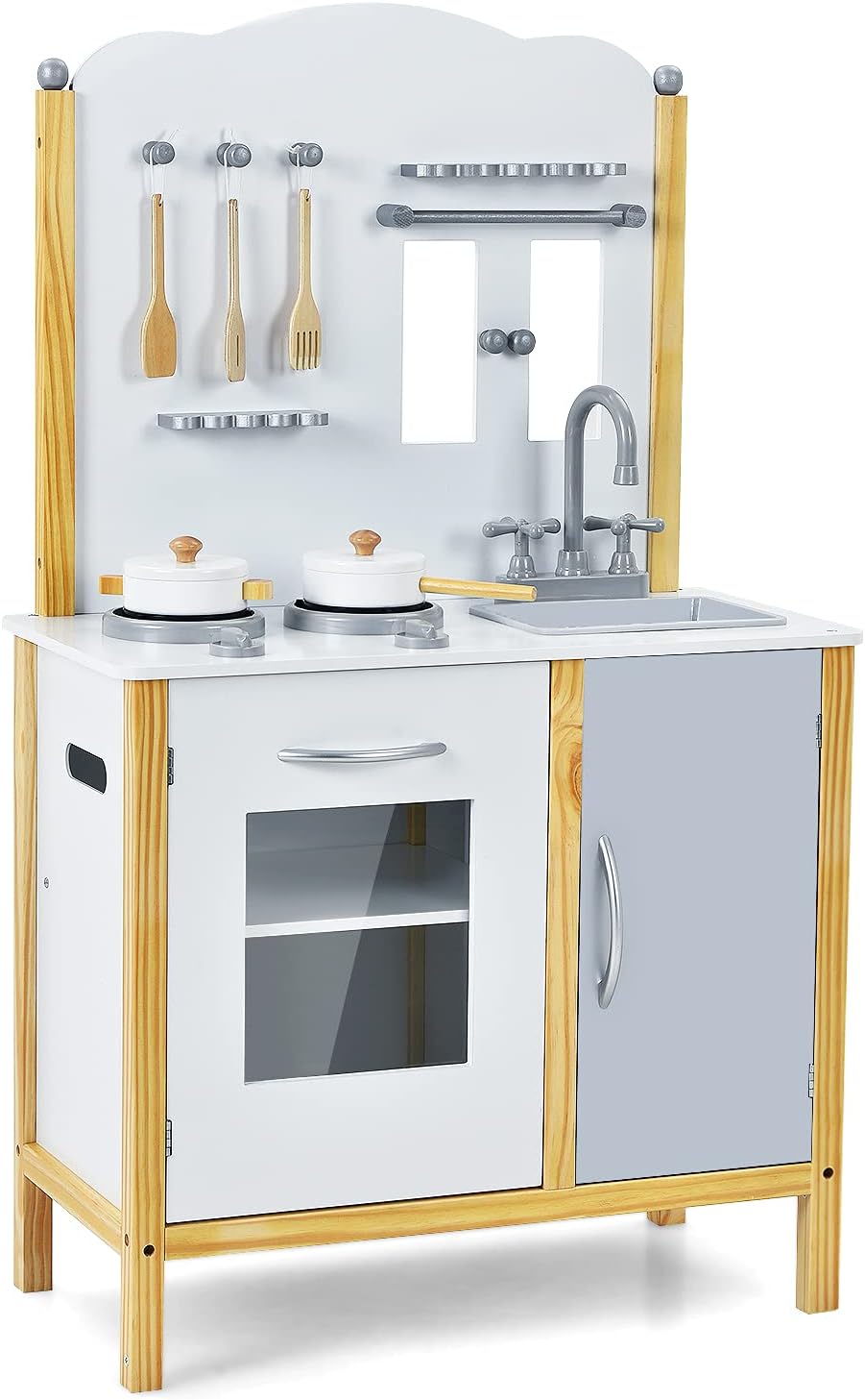 White Wooden Kids Kitchen Playset with Sink Oven Stove Storage Cabinet K53402