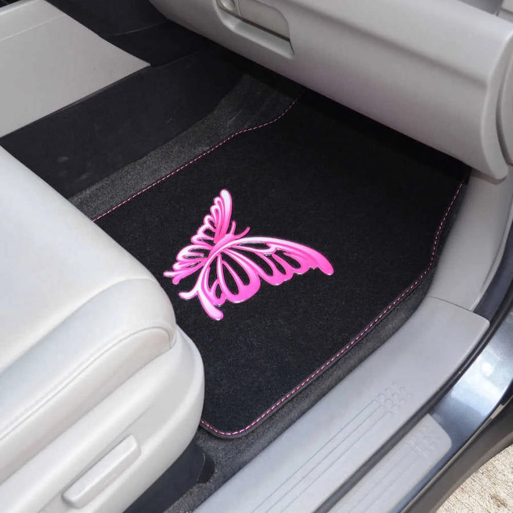 Pink Butterfly Design Carpet Car Floor Mats Full Set with Rubber Backing W424