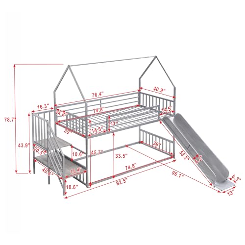Twin Over Twin Metal Bunk Bed with Slide and Storage Staircase L768
