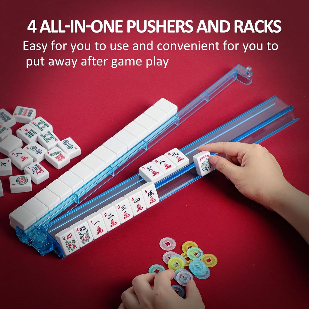 166 White Tiles Mahjong Set with Green Bag and Rack Pushers W276