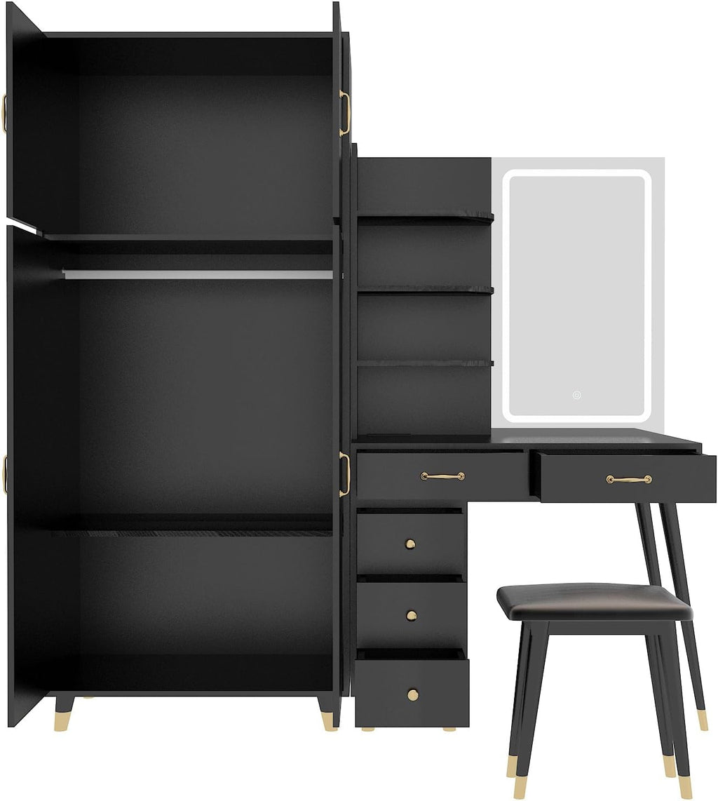 Black Vanity Desk with 4 Door Closet, Lights Mirror, Stool Set, Storage Cabinet 170 x 50 x 185CM M460819