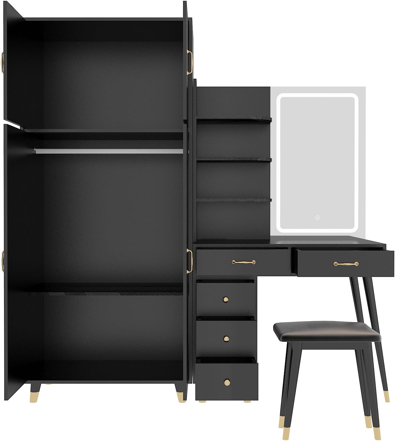 Black Vanity Desk with 4 Door Closet, Lights Mirror, Stool Set, Storage Cabinet 170 x 50 x 185CM M460819