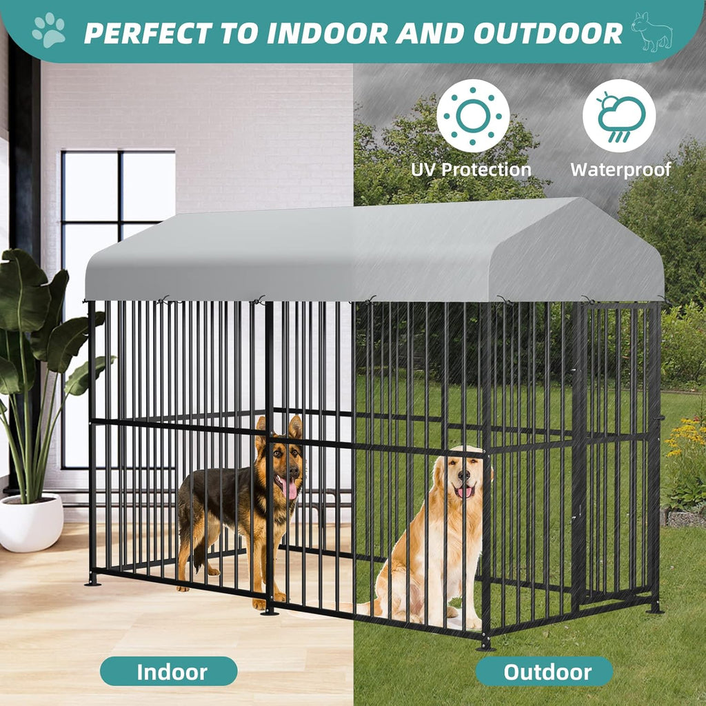Large Outdoor Metal Dog Kennel with Top Cover, 4'L x 8'W x 6'H H658570