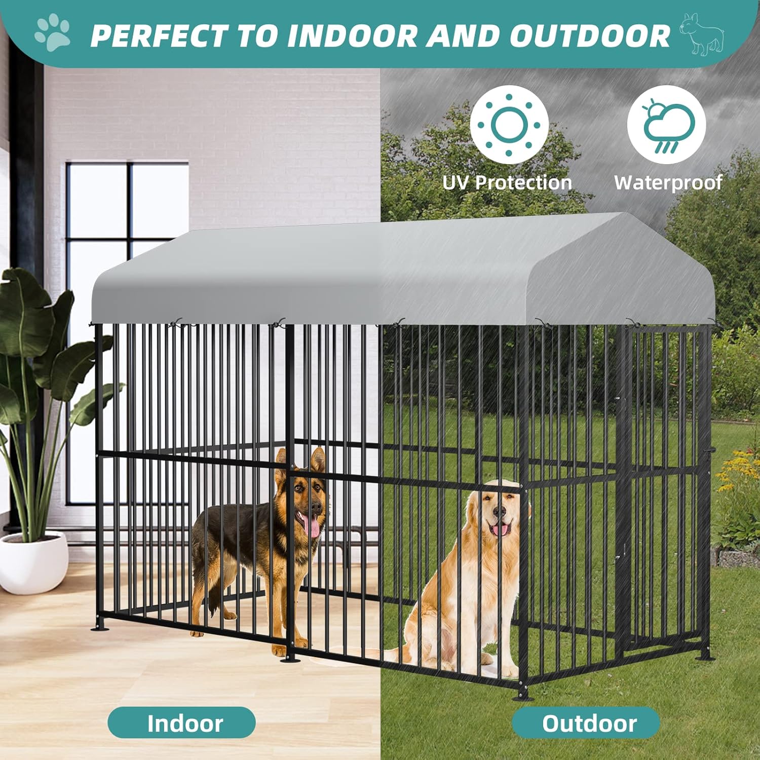 Large Outdoor Metal Dog Kennel with Top Cover, 4'L x 8'W x 6'H H658570