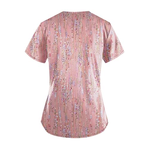 Floral Printed Short Sleeve V Neck Scrubs Tops with Pocket S6594