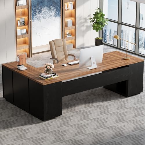 85.8-Inch L-Shaped Executive Desk with File Drawers, Door Cabinet & Shelves, White & Brown Y890