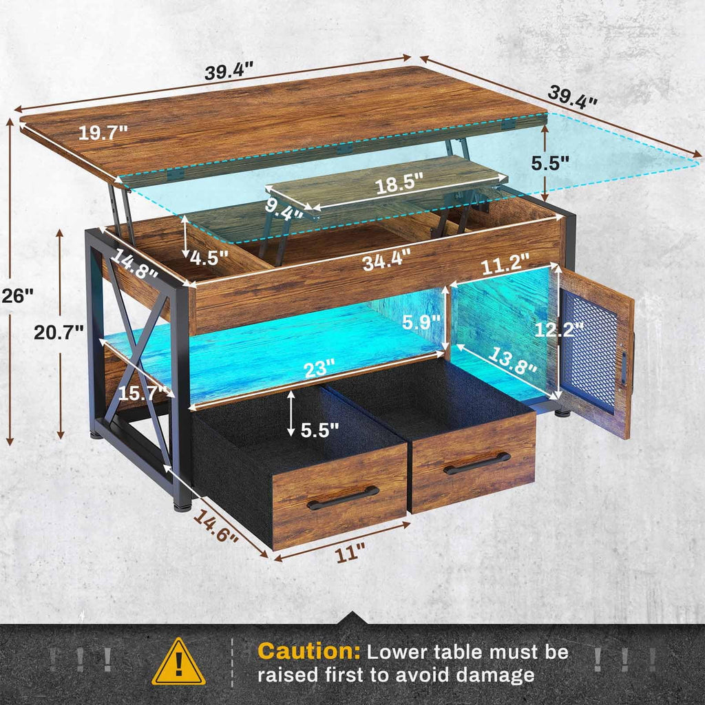 40" Lift Top Coffee Table with Storage Cabinet, 2 Fabric Drawers and LED Light, Rustic Brown D42404