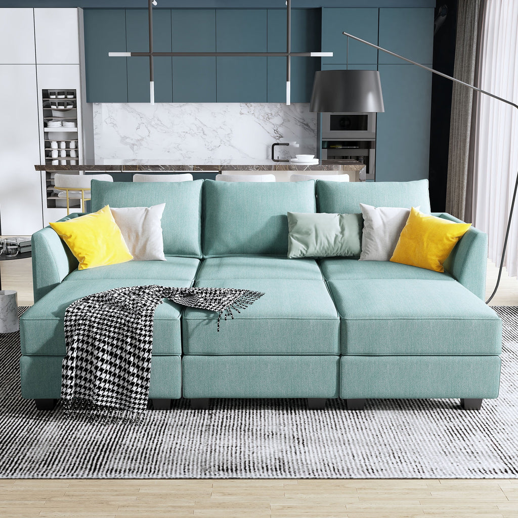 Aqua Blue Fabric 6 Pieces Sleeper Sectional Sofa Bed with Storage Ottomans X329