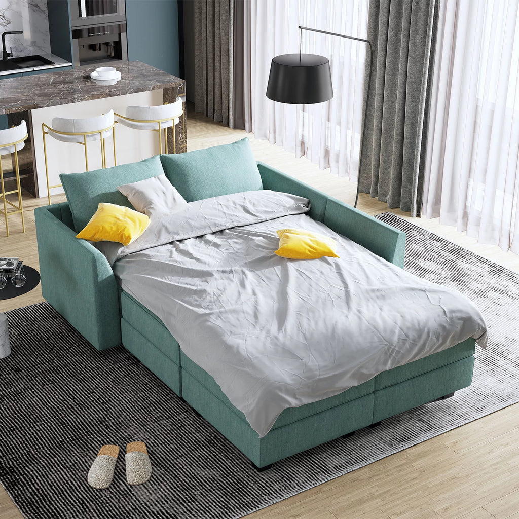 Aqua Blue Fabric 6 Pieces Sleeper Sectional Sofa Bed with Storage Ottomans X329