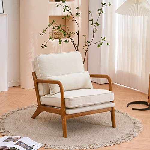 Linen White Accent Chair with Pillow Solid Wood Frame I626
