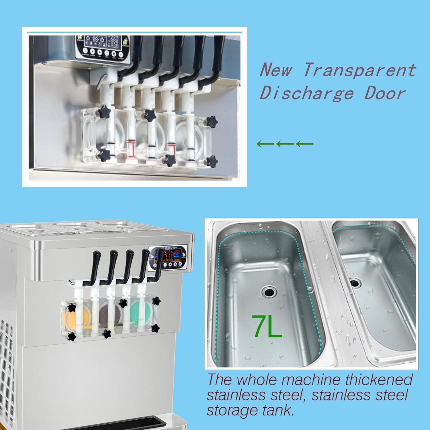 3+2 mixed Flavors Soft Serve Ice Cream Maker, 5 Flavors Ice Cream Machine with Full Transparent Discharge Door & 5 Different Shapes of Mold & Upper Tank Refrigerated N94783