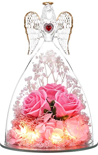 Preserved Flower Three Real Roses in Glass Angel Figurines Pink Z69157