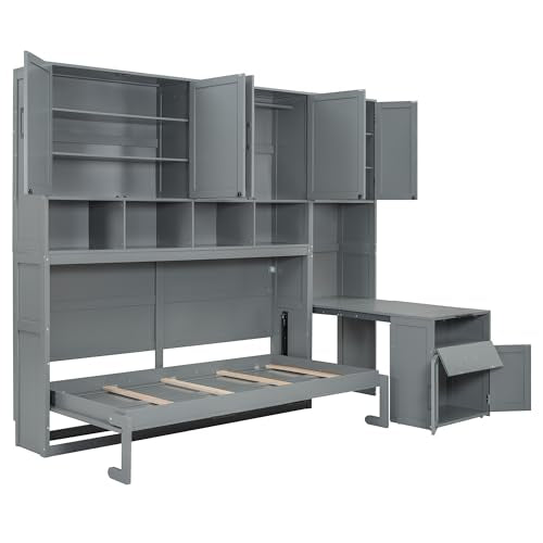 Grey Wooden Twin Murphy Bed with Storage Cabinet and Desk V8757