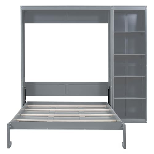 Queen Murphy Bed with Storage Bookcase Shelves, Wood Folding Grey Murphy Wall Bed Cabinet Q345567